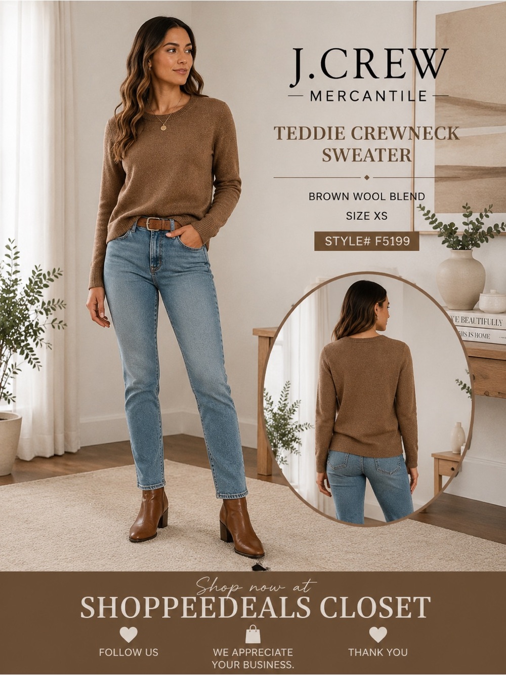 J.Crew Mercantile Teddie Crewneck Sweater – Brown Wool Blend – Size XS